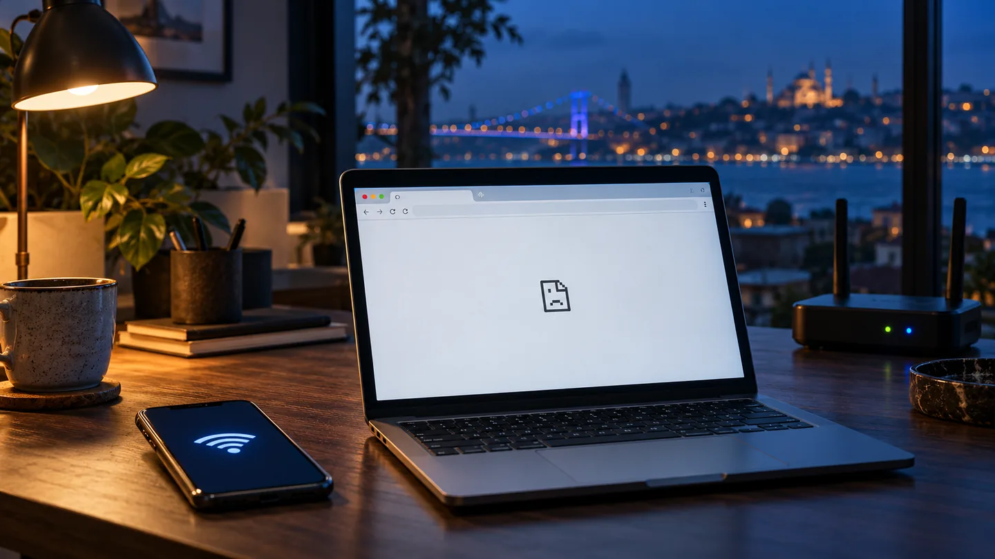Bağlantı hatası gösteren dizüstü bilgisayar, Wi-Fi simgeli telefon ve modem bulunan temsili çalışma masası