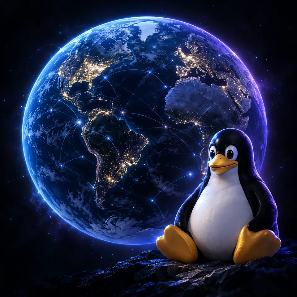 Mavi ışıklarla çevrili dünya küresi önünde Linux’u simgeleyen penguen