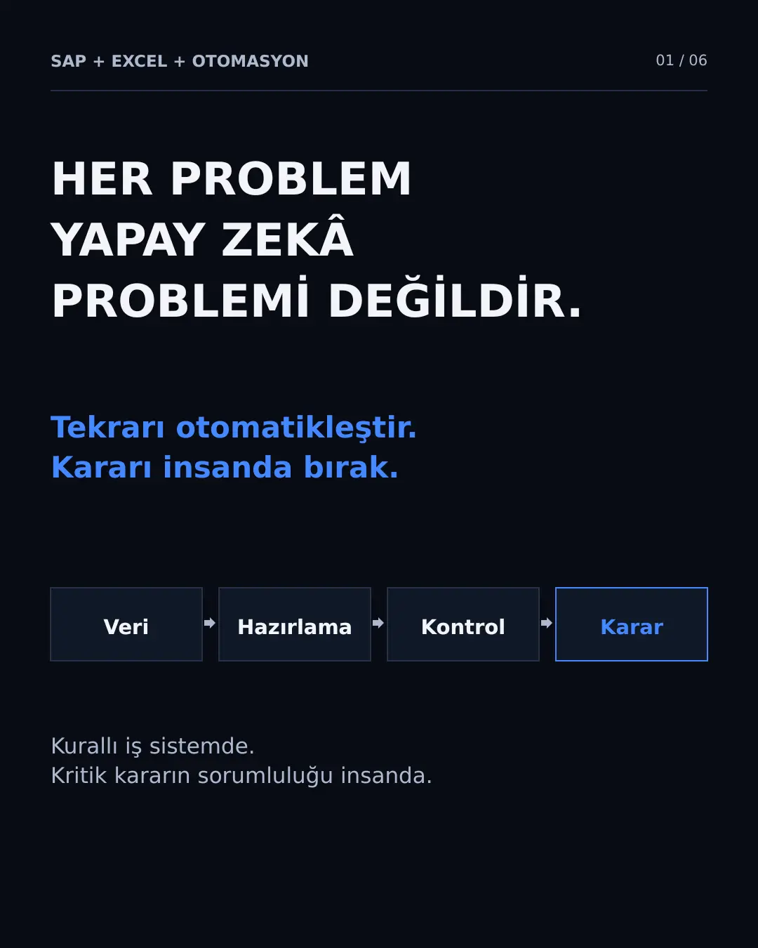 Her problem yapay zekâ problemi değildir: SAP, Excel ve kontrollü otomasyon infografiği