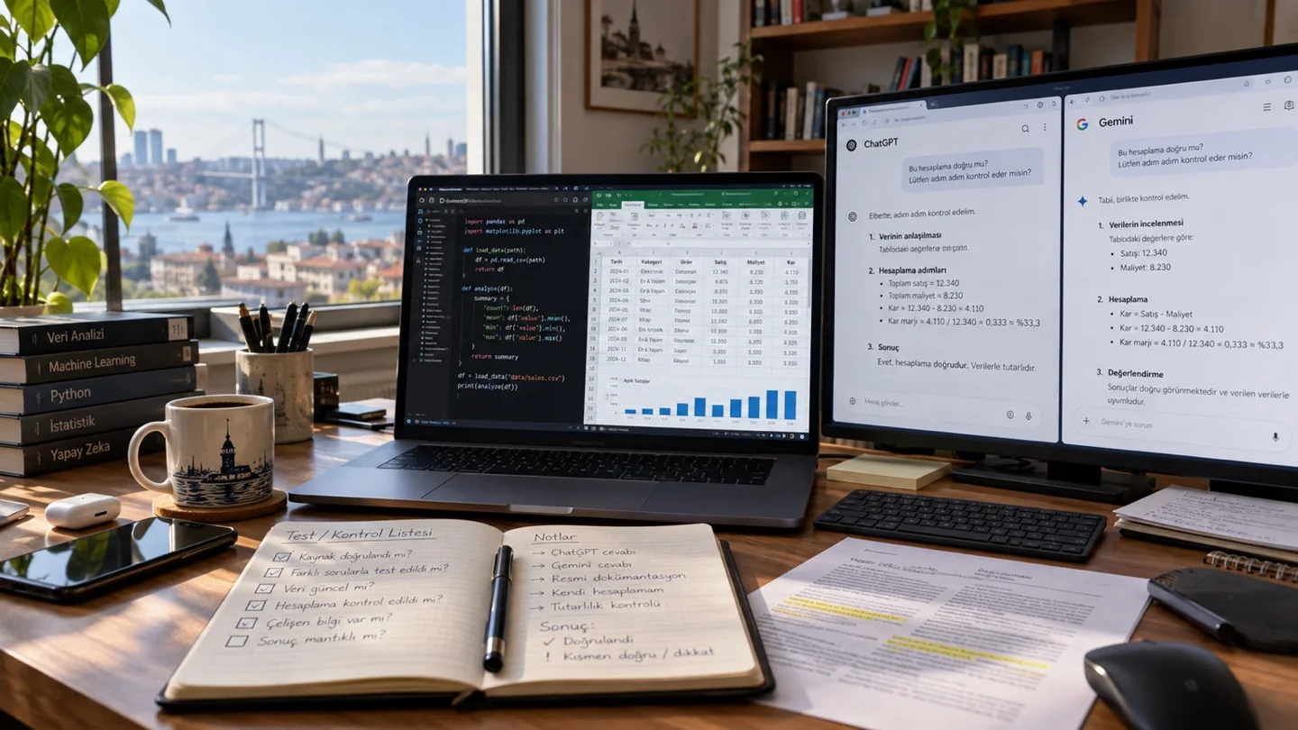 ChatGPT ve Gemini yanıtlarının kod, Excel verileri ve bir kontrol listesiyle karşılaştırılmasını betimleyen çalışma masası